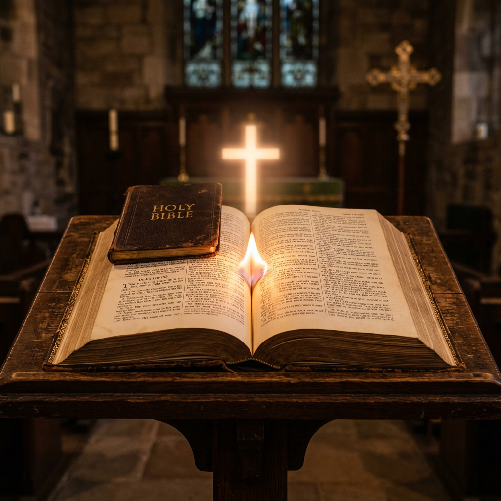 Open Bible on wooden stand with glowing cross and smaller closed Bible on top in church